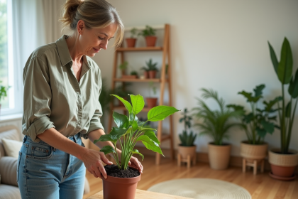 Femme jardinant dans un salon lumineux et moderne