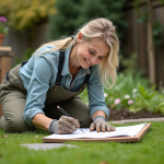 Femme jardinant et esquissant un plan de jardin