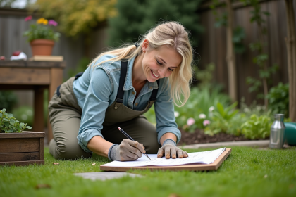 Femme jardinant et esquissant un plan de jardin
