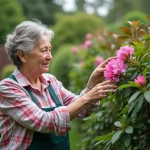 Femme d'âge moyen touchant des fleurs de rhododendron en jardin