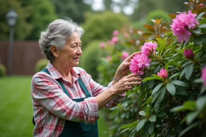 Femme d'âge moyen touchant des fleurs de rhododendron en jardin