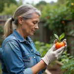 Femme examinant une feuille de tomate jaunie dans son jardin