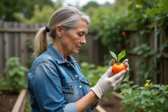 Femme examinant une feuille de tomate jaunie dans son jardin