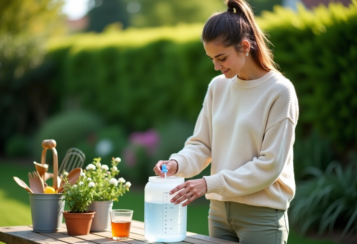 Femme mélangeant un concentré dans un jardin