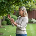 Femme examinant un arbre de mûrier dans un jardin