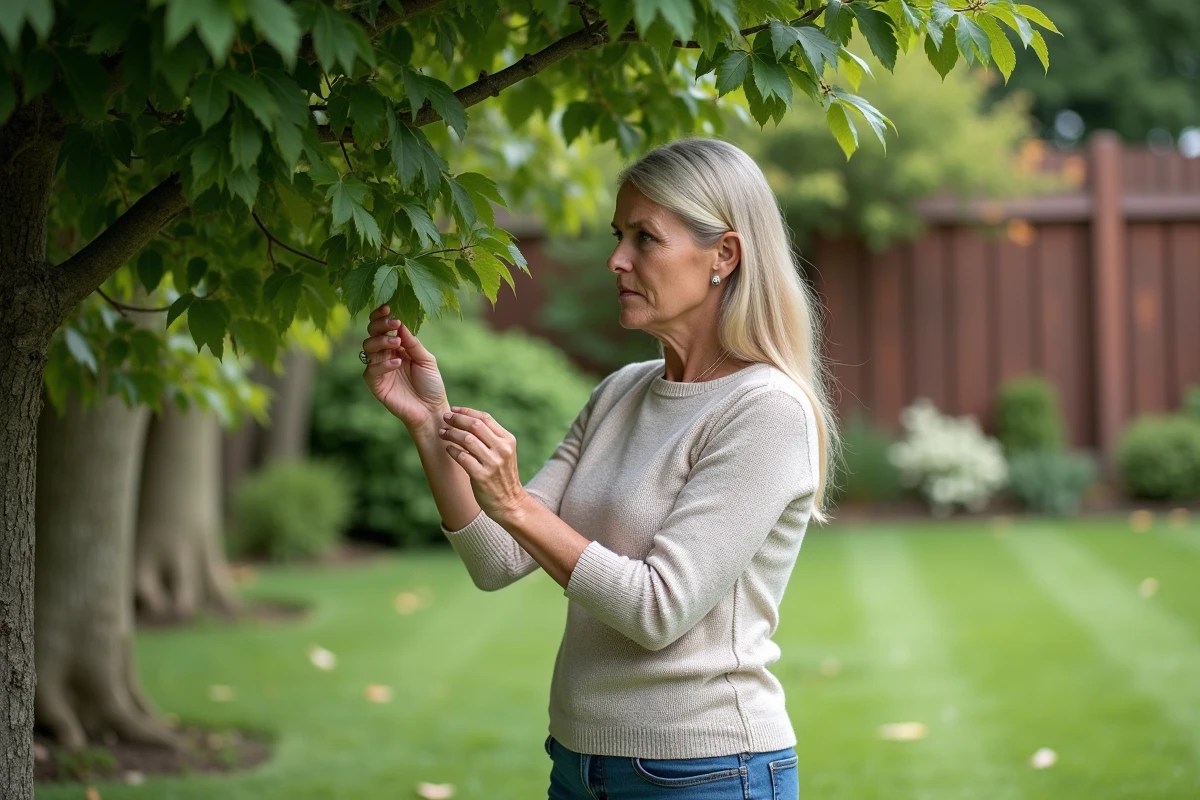 Femme examinant un arbre de mûrier dans un jardin