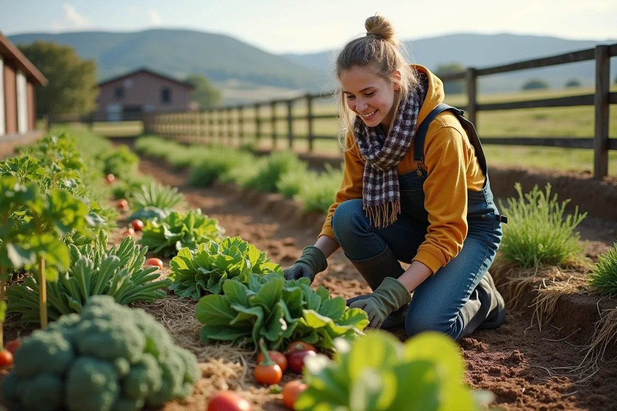Jeune femme ajoutant de la paille autour des légumes