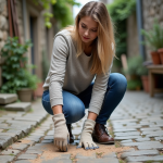 Jeune femme nettoyant un pavé en extérieur avec des gants