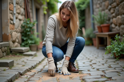Jeune femme nettoyant un pavé en extérieur avec des gants
