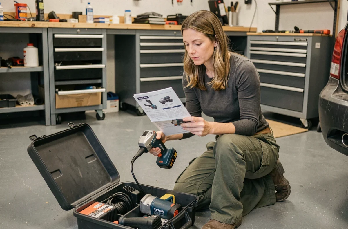 Femme comparant les caractéristiques d'un outil Parkside Performance dans un garage domestique avec outillage ouvert au sol