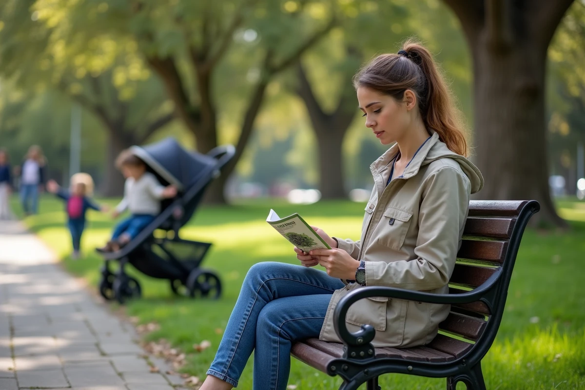 Femme lisant un dépliant sur la santé des chênes dans un parc