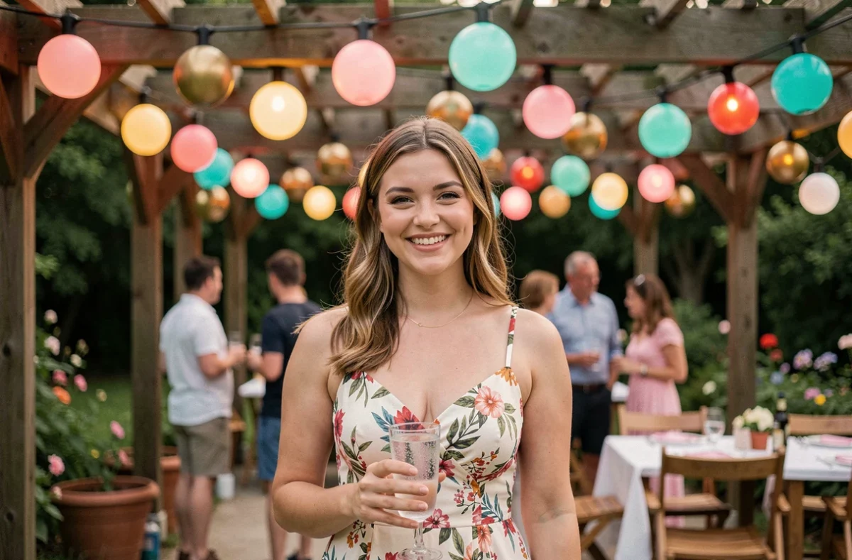 Femme souriante sous une pergola décorée de boules lumineuses multicolores lors d'une soirée estivale en extérieur