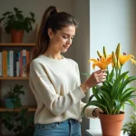 Femme vérifiant une lys dans un appartement lumineux