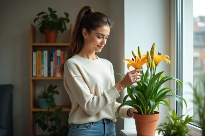 Femme vérifiant une lys dans un appartement lumineux