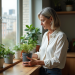 Femme d'âge moyen arrosant des plantes d'intérieur dans une cuisine