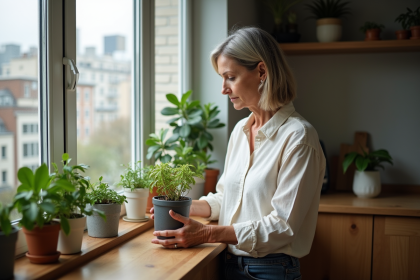 Femme d'âge moyen arrosant des plantes d'intérieur dans une cuisine