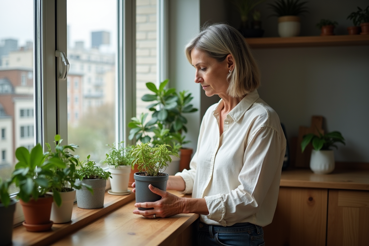 Femme d'âge moyen arrosant des plantes d'intérieur dans une cuisine