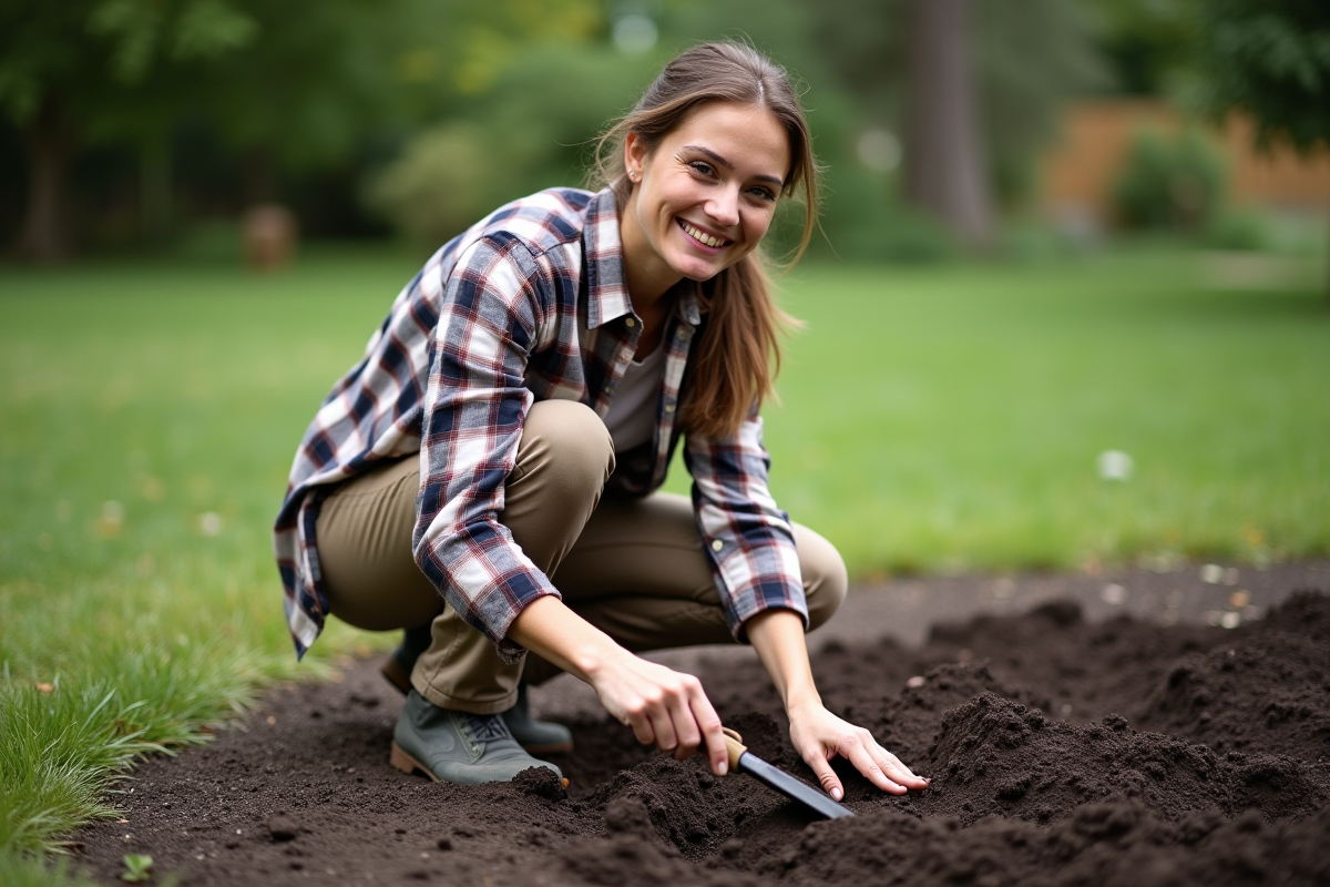 Femme plantant dans un jardin avec terre fraîche