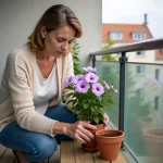 Femme en jeans plantant un lisianthus sur balcon urbain