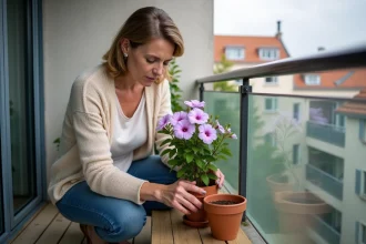 Femme en jeans plantant un lisianthus sur balcon urbain