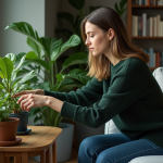 Femme soignant des plantes vertes dans un salon cosy