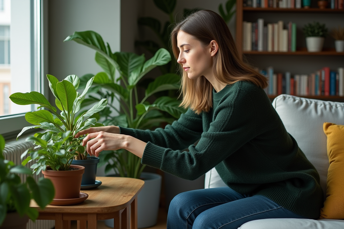 Femme soignant des plantes vertes dans un salon cosy