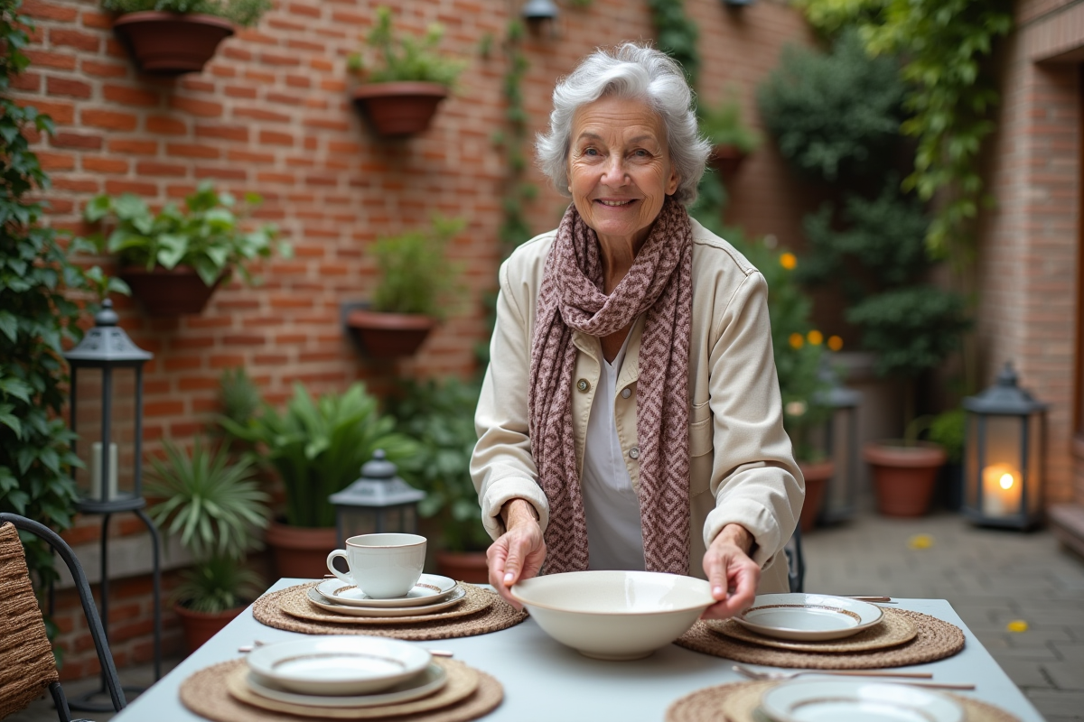Femme arrangeant des assiettes en terrasse extérieure
