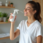 Jeune femme rafraichissant son visage avec un spray