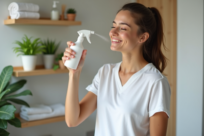 Jeune femme rafraichissant son visage avec un spray