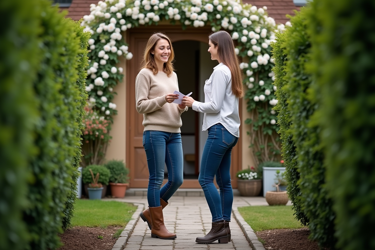 Jeune femme remettant une facture à un client dans le jardin