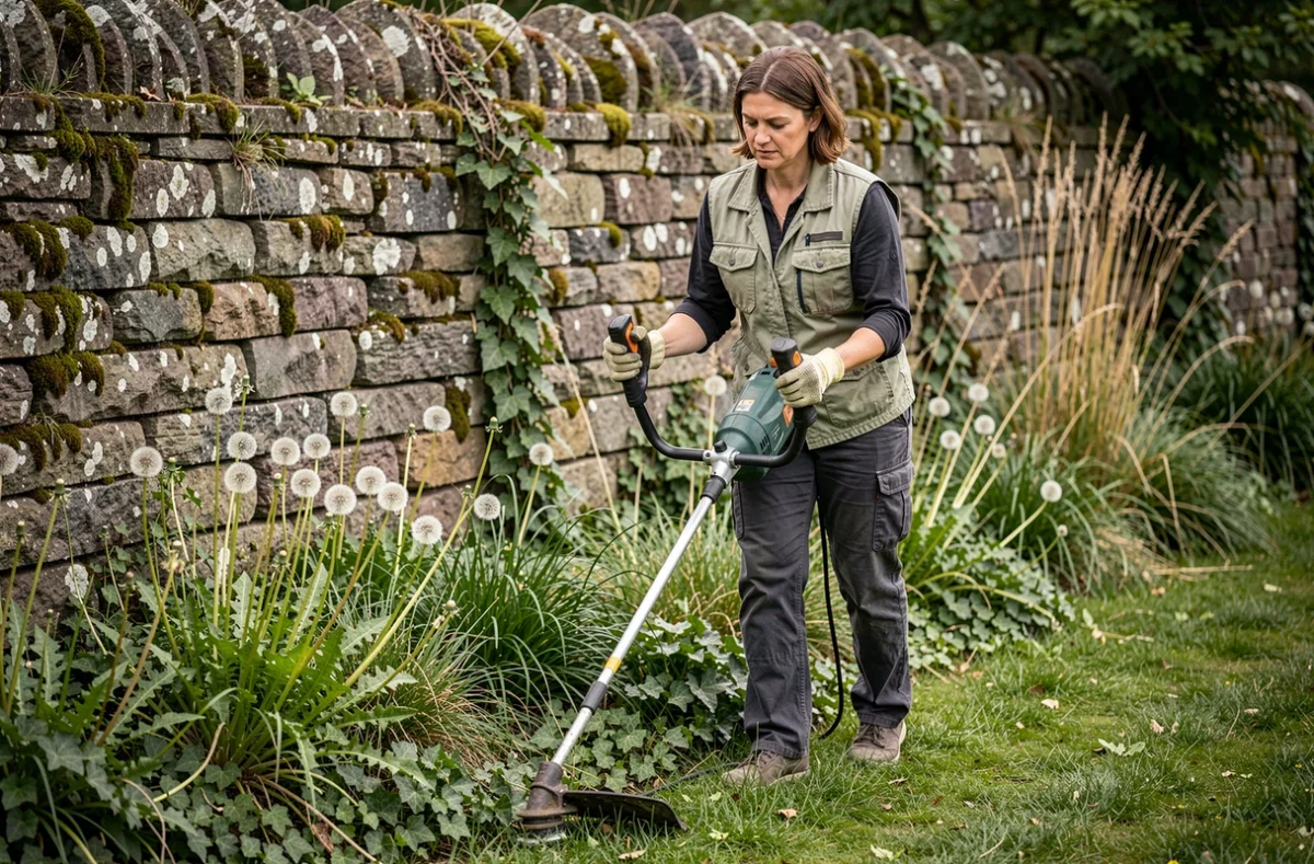 Femme utilisant un rotofil électrique pour débroussailler une bordure de pelouse envahie par les mauvaises herbes, illustrant le choix du fil selon la végétation