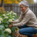 Femme taillant des hortensias en automne dans un jardin