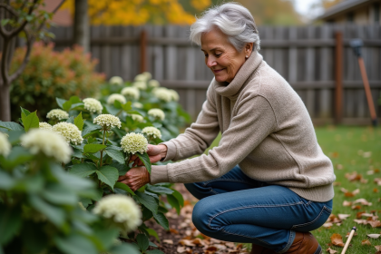 Femme taillant des hortensias en automne dans un jardin