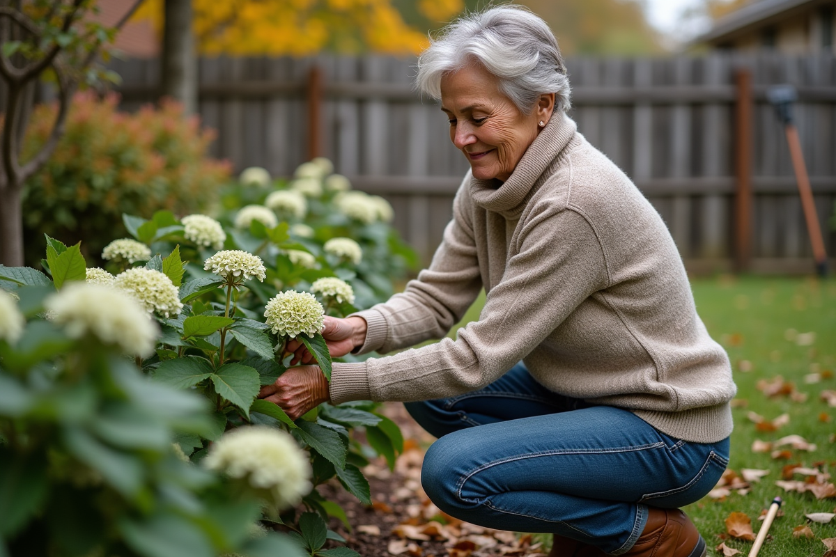 Femme taillant des hortensias en automne dans un jardin