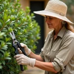 Femme taillant un laurier dans un jardin méditerranéen