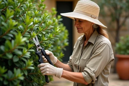 Femme taillant un laurier dans un jardin méditerranéen