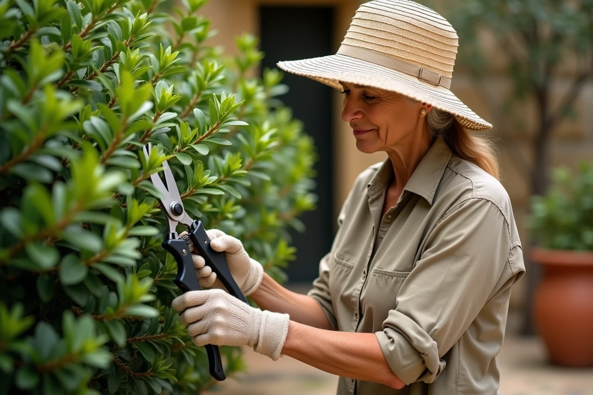 Femme taillant un laurier dans un jardin méditerranéen