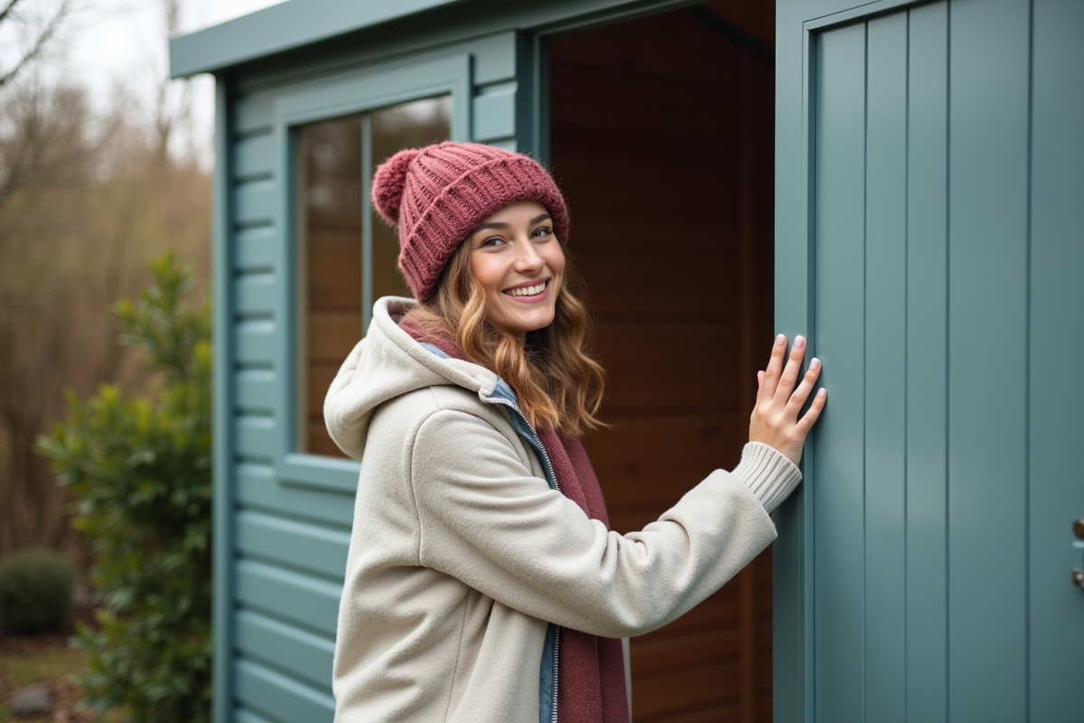 Jeune femme touchant le cadre isolé d un abri de jardin PVC extérieur