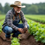 Fermeur examinant la terre saine dans un champ verdoyant