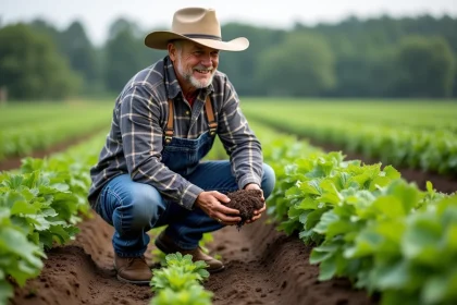Fermeur examinant la terre saine dans un champ verdoyant