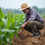 Fermeur inspectant jeunes plants de maïs dans un champ