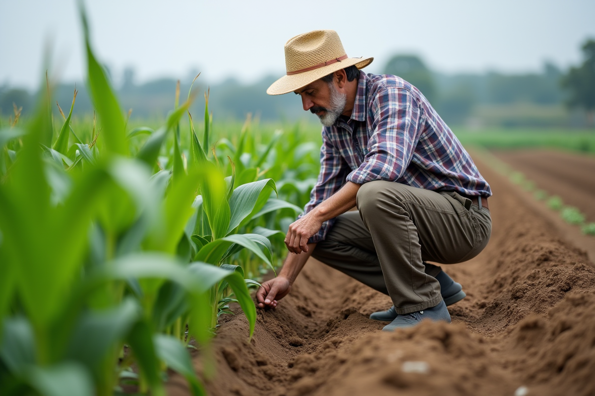 Fermeur inspectant jeunes plants de maïs dans un champ