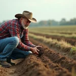 Fermeur examinant le sol dans un champ avec cultures saines