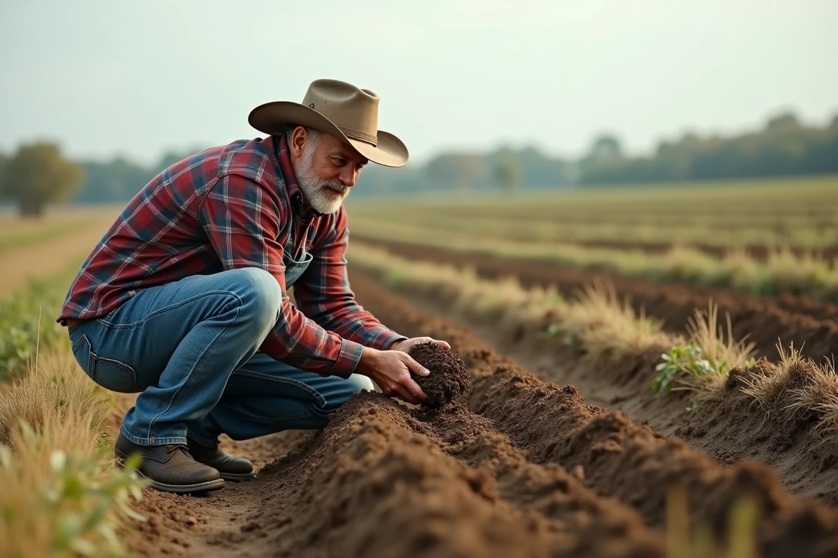 Fermeur examinant le sol dans un champ avec cultures saines