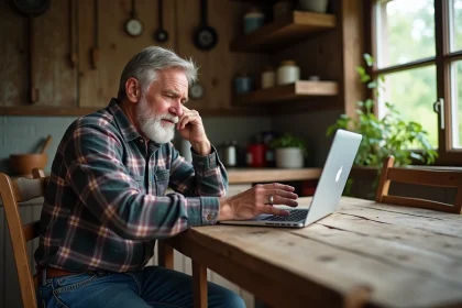 Homme fermier en vidéo appel dans une cuisine rustique