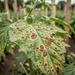 Gros plan sur une feuille de tomate malade présentant des taches brunes et jaunes caractéristiques de maladies fongiques au jardin
