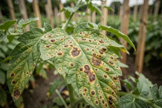 Gros plan sur une feuille de tomate malade présentant des taches brunes et jaunes caractéristiques de maladies fongiques au jardin