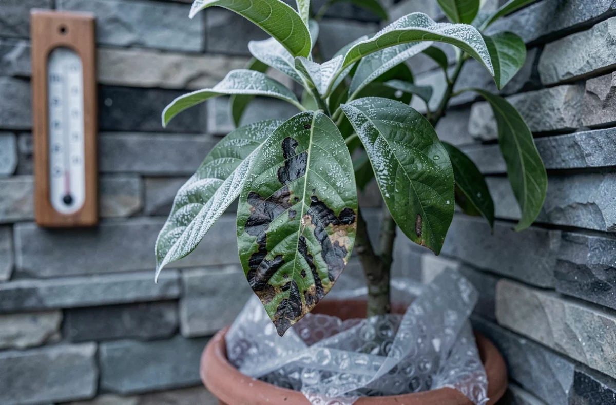 Feuilles de goyavier endommagées par le gel avec cristaux de glace sur plante en pot protégée