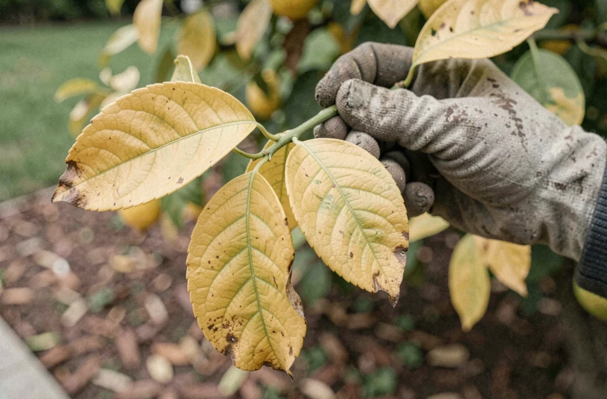 Gros plan de feuilles jaunes de citronnier tenues par un jardinier indiquant un stress racinaire