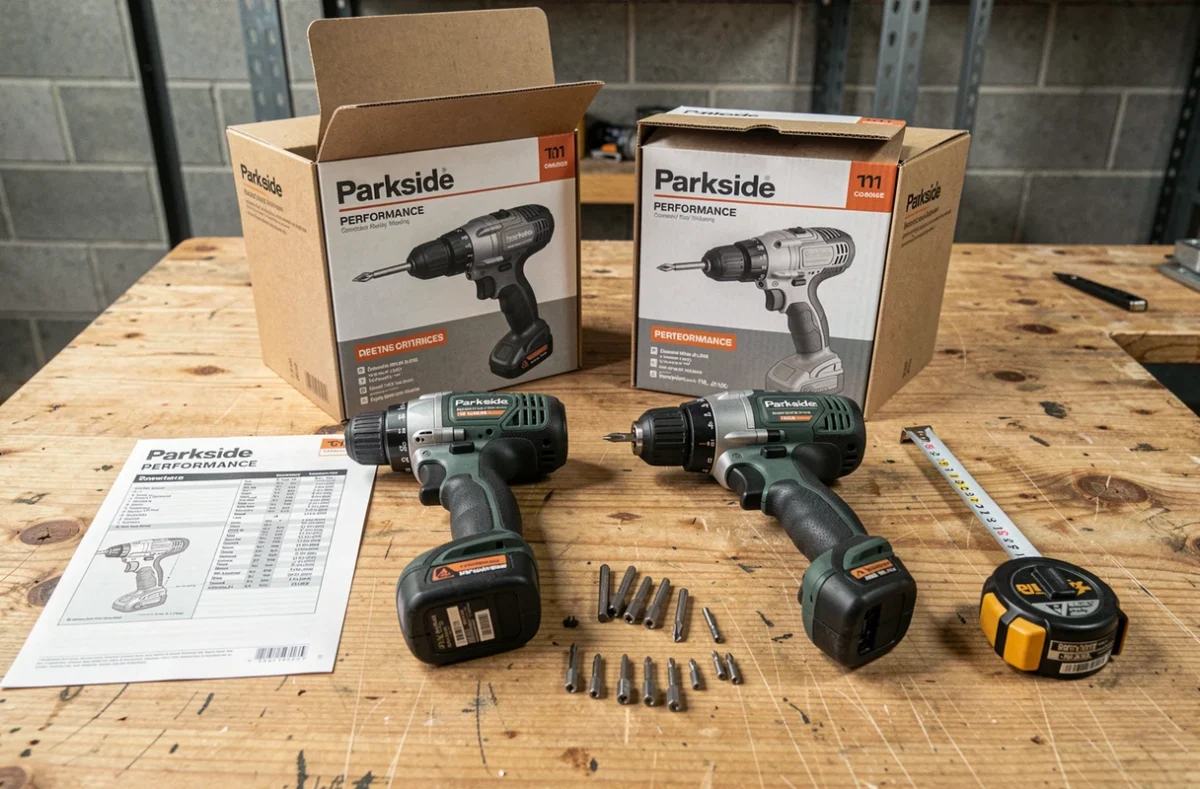 Vue de dessus comparative d'une gamme Parkside standard et Parkside Performance posée sur un établi en chêne avec boîtes et fiches techniques